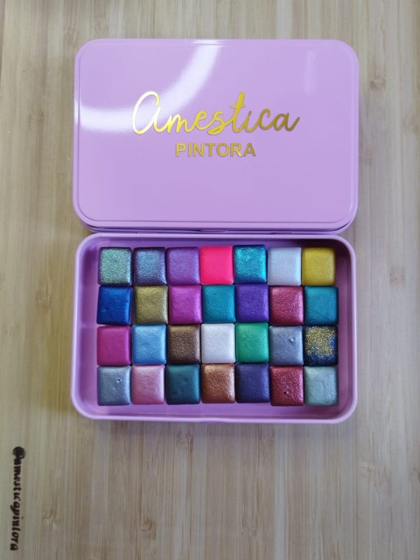 Caja Rosada vacia capacidad 28 acuarelas con logo - Imagen 3